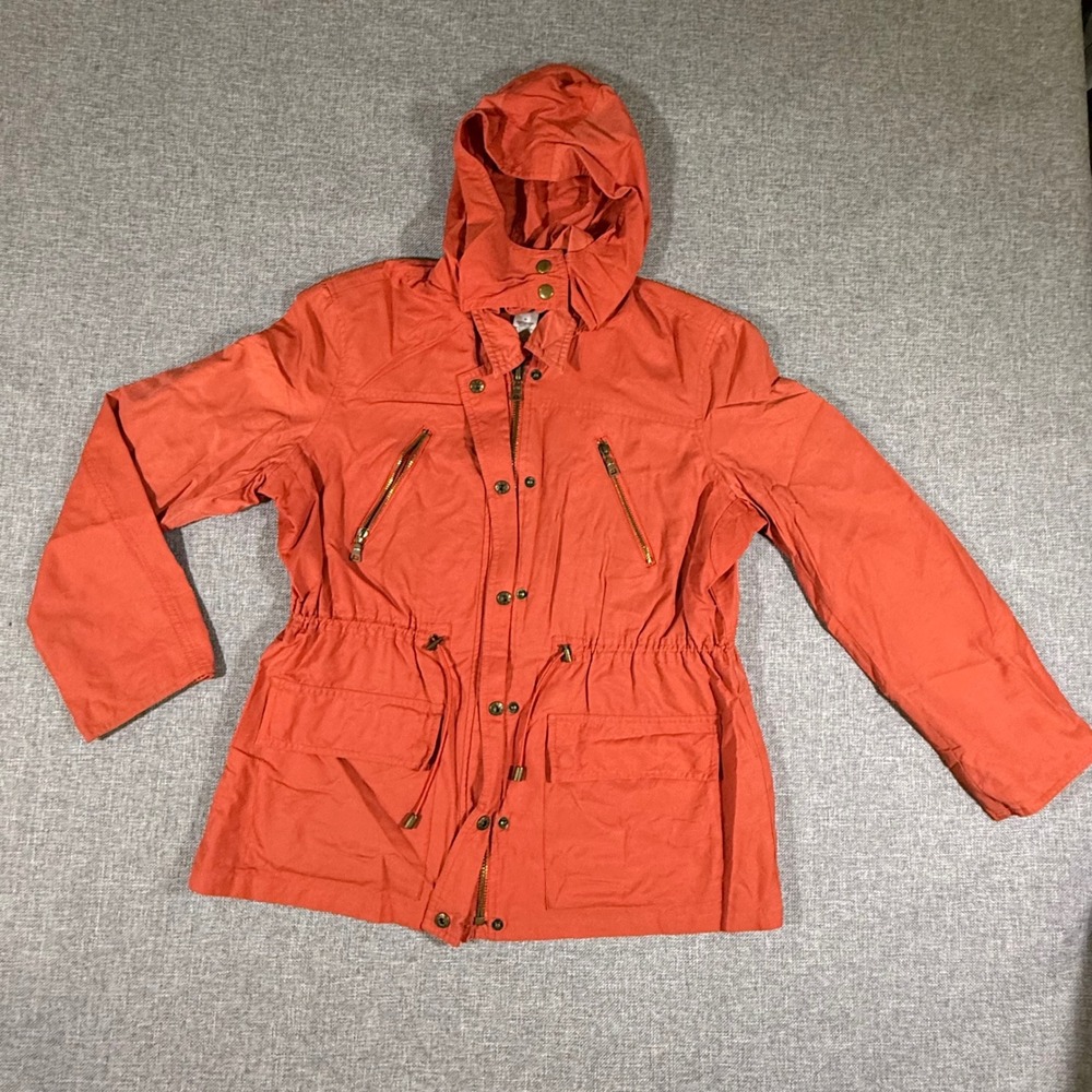 Liz & Co Utility Anorak Jacket Womens Medium Orange Hooded Field Coat Utility
